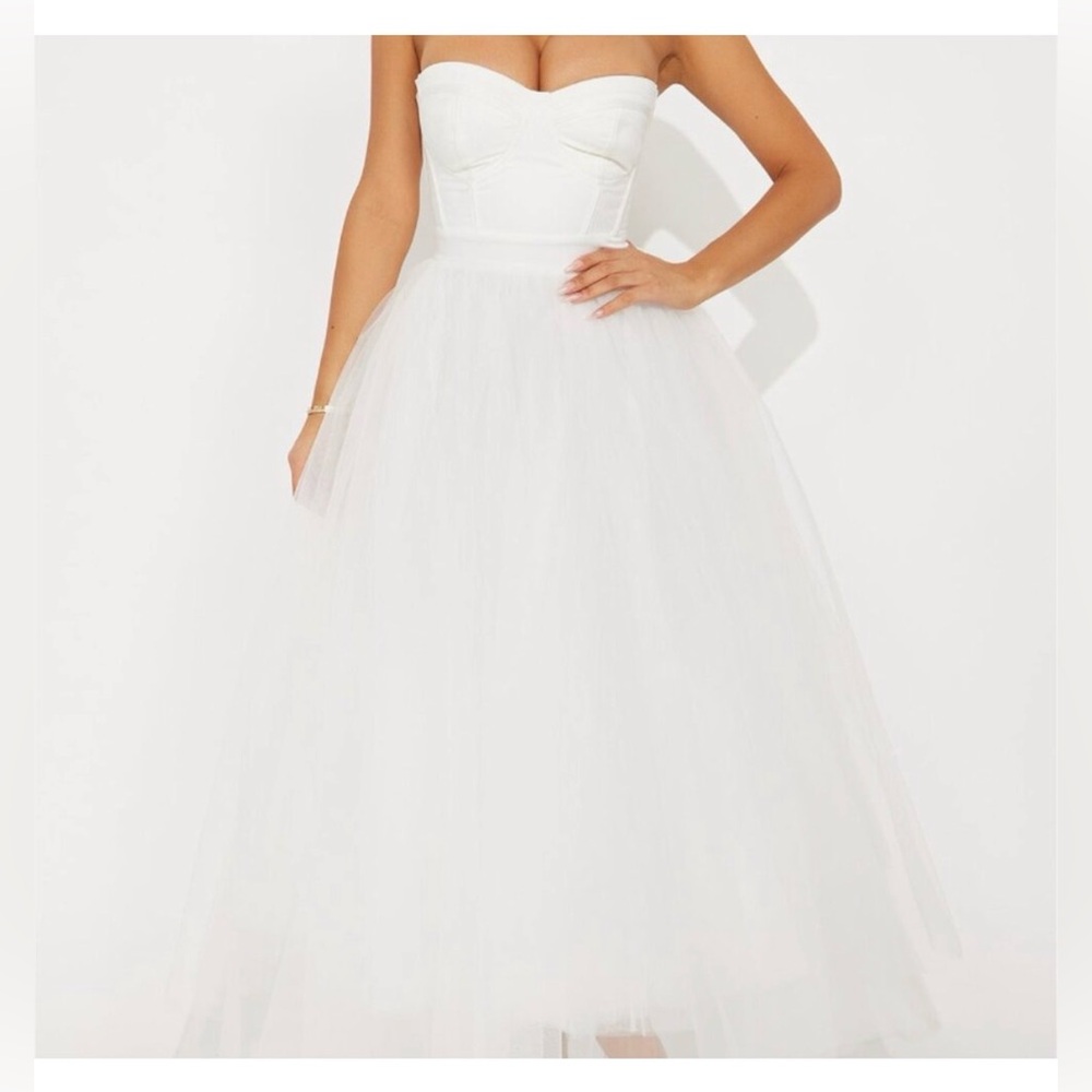 Strapless White Tulle Ball Gown Dress